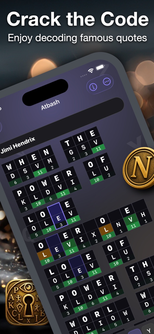 Cipher Munch cryptogram puzzle in progress on iPhone, decoding a famous quote in the Atbash cipher